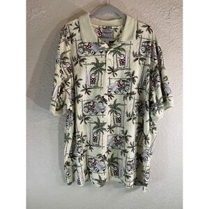 Y2K Vintage Windham Pointe XXL Santa Car Palm Tree Hawaiian Polo Shirt Christmas